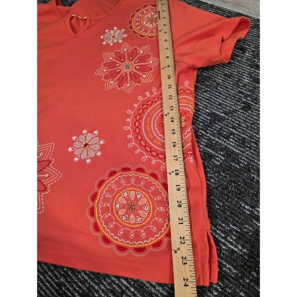 Alfred Dunner Womens XL Orange Short Sleeve Top Embroidered Floral Keyhole Neck - Picture 9 of 9